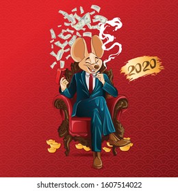 Happy New Year 2020. Lunar New Year. The year of the mouse. Mouse illustration with line color art