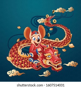 Happy New Year 2020. Lunar New Year. The year of the mouse. Mouse illustration with line color art