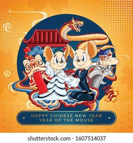 Happy New Year 2020. Lunar New Year. The year of the mouse. Mouse illustration with line color art