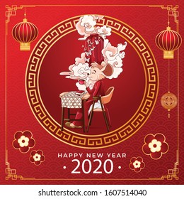 Happy New Year 2020. Lunar New Year. The year of the mouse. Mouse illustration with line color art