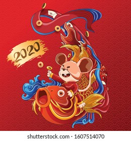Happy New Year 2020. Lunar New Year. The year of the mouse. Mouse illustration with line color art