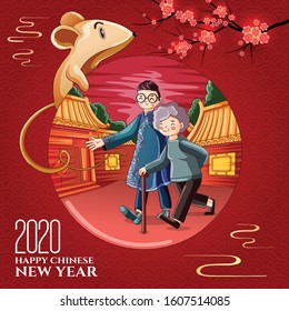 Happy New Year 2020. Lunar New Year. The year of the mouse. Mouse illustration with line color art