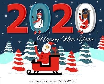 Happy new year 2020 and marry Christmas greeting card. Santa is riding slay in jungle