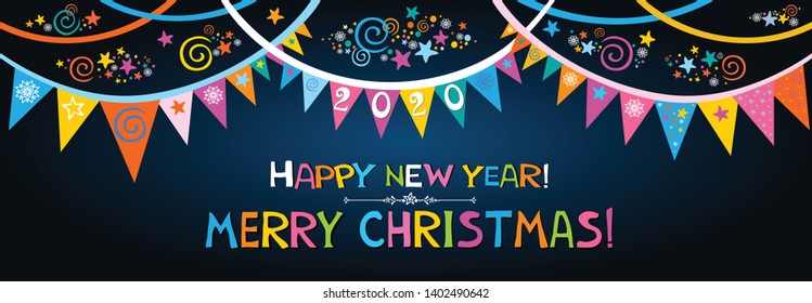 Happy new year 2020! Merry Christmas! Greeting card. Celebration dark background with  garland, star, number 2020 and place for your text.  Holiday decoration. Garland of flags. Vector illustration