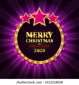 Happy New Year 2020 and Merry Christmas greeting card golden glitter decoration. Gold greeting card ornament of circle and text calligraphy lettering. Festive vector background Christmas decorative