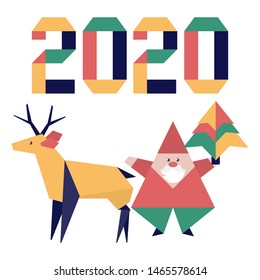 Happy new year 2020, Merry Christmas. Vector illustration with origami 2020 year numbers, Santa Claus, deer. Design for poster, party card, wrapping, fabric, print.