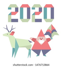 Happy new year 2020, Merry Christmas. Vector illustration with origami 2020 year numbers, Santa Claus, deer. Design for poster, party card, wrapping, fabric, print.