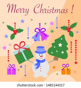 Happy new year 2020, Merry Christmas. Vector illustration with snowman, mistletoe, Christmas tree, bells, gifts. Design for poster, card, wrapping, fabric, print.