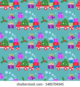 Happy new year 2020, Merry Christmas vector seamless pattern with train, bells, Christmas tree, gifts. Design for wrapping, fabric, print.