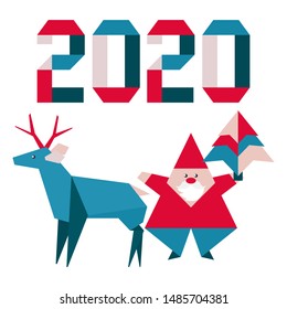 Happy new year 2020, Merry Christmas. Vector illustration with origami 2020 year numbers, Santa Claus, deer. Design for poster, party card, wrapping, fabric, print.