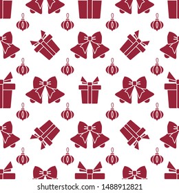 Happy new year 2020, Merry Christmas vector seamless pattern with Christmas tree toy, bells, gifts. Design for wrapping, fabric, print.