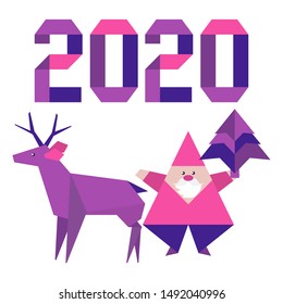 Happy new year 2020, Merry Christmas. Vector illustration with origami 2020 year numbers, Santa Claus, deer. Design for poster, party card, wrapping, fabric, print.