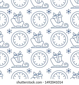 Happy new year 2020, Merry Christmas vector seamless pattern with Santa's sleigh, gifts, watches, snowflakes. Design for wrapping, fabric, print.