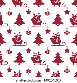 Happy new year 2020, Merry Christmas vector seamless pattern with Christmas tree, Santa's sleigh, gifts, Christmas tree toys. Design for wrapping, fabric, print.