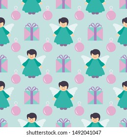 Happy new year 2020, Merry Christmas vector seamless pattern with angel, Christmas balls, gifts. Design for wrapping, fabric, print.