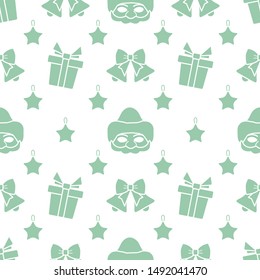 Happy new year 2020, Merry Christmas vector seamless pattern with Santa Claus mask, Christmas toy star, bells, gifts. Design for wrapping, fabric, print.