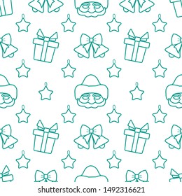 Happy new year 2020, Merry Christmas vector seamless pattern with Santa Claus mask, Christmas toy star, bells, gifts. Design for wrapping, fabric, print.
