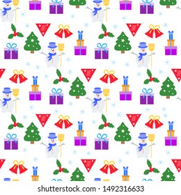 Happy new year 2020, Merry Christmas vector seamless pattern with snowman, mistletoe, Christmas tree, bells, gifts. Design for wrapping, fabric, print.