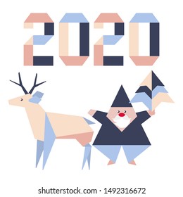 Happy new year 2020, Merry Christmas. Vector illustration with origami 2020 year numbers, Santa Claus, deer. Design for poster, party card, wrapping, fabric, print.