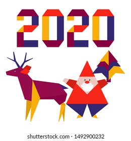 Happy new year 2020, Merry Christmas. Vector illustration with origami 2020 year numbers, Santa Claus, deer. Design for poster, party card, wrapping, fabric, print.