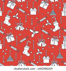 Happy new year 2020, Merry Christmas vector seamless pattern with mistletoe, bells, gifts, poppers, candy canes, Christmas sock. Design for wrapping, fabric, print.