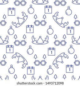 Happy new year 2020, Merry Christmas vector seamless pattern with deer horns, Christmas ball, calendar, glasses with Christmas trees. Masquerade Party Background. Design for wrapping, fabric, print.