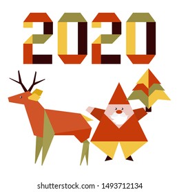 Happy new year 2020, Merry Christmas. Vector illustration with origami 2020 year numbers, Santa Claus, deer. Design for poster, party card, wrapping, fabric, print.