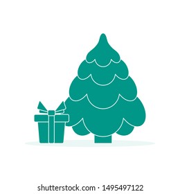 Happy new year 2020, Merry Christmas vector illustration with Christmas tree, gift. Design for web page, presentation, print.