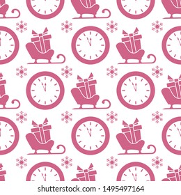 Happy new year 2020, Merry Christmas vector seamless pattern with Santa's sleigh, gifts, watches, snowflakes. Design for wrapping, fabric, print.