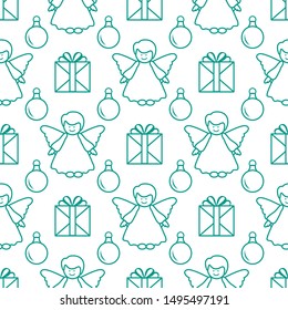 Happy new year 2020, Merry Christmas vector seamless pattern with angel, Christmas balls, gifts. Design for wrapping, fabric, print.