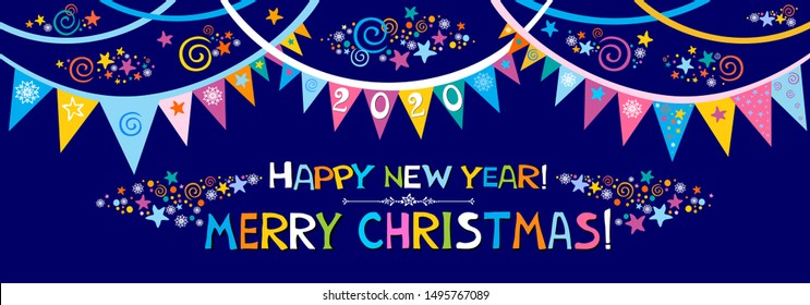Happy new year 2020! Merry Christmas  Greeting card. Celebration blue background with  garland, star, number 2020 and place for your text.  Holiday decoration. Garland of flags. Vector illustration