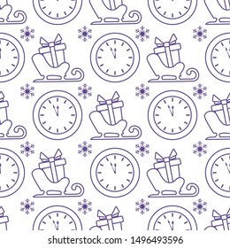 Happy new year 2020, Merry Christmas vector seamless pattern with Santa's sleigh, gifts, watches, snowflakes. Design for wrapping, fabric, print.
