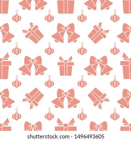 Happy new year 2020, Merry Christmas vector seamless pattern with Christmas tree toy, bells, gifts. Design for wrapping, fabric, print.