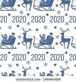 Happy New Year 2020, Merry Christmas seamless pattern. Vector illustration Santa Claus with bag of gifts rides in sleigh pulled by a deer. Design for fabric, print, wrapping paper.