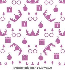 Happy new year 2020, Merry Christmas vector seamless pattern with deer horns, Christmas ball, calendar, glasses with Christmas trees. Masquerade Party Background. Design for wrapping, fabric, print.