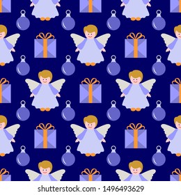 Happy new year 2020, Merry Christmas vector seamless pattern with angel, Christmas balls, gifts. Design for wrapping, fabric, print.