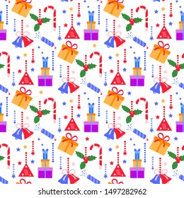 Happy new year 2020, Merry Christmas vector seamless pattern with mistletoe, bells, gifts, poppers, candy canes. Design for wrapping, fabric, print.