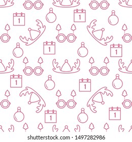 Happy new year 2020, Merry Christmas vector seamless pattern with deer horns, Christmas ball, calendar, glasses with Christmas trees. Masquerade Party Background. Design for wrapping, fabric, print.