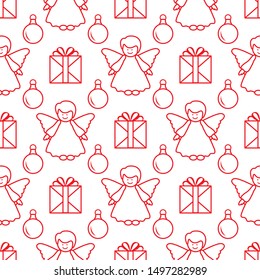 Happy new year 2020, Merry Christmas vector seamless pattern with angel, Christmas balls, gifts. Design for wrapping, fabric, print.