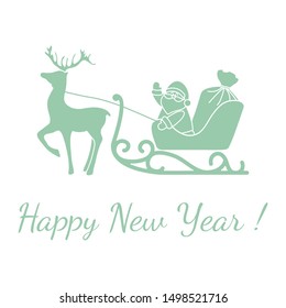 Happy New Year 2020, Merry Christmas vector illustration. Santa Claus with bag of gifts rides in sleigh pulled by a deer. Design for fabric, print, postcard.