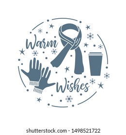 Happy new year 2020, Merry Christmas vector illustration. Scarf, snowflakes, cup, gloves, warm wishes inscription. Design for wrapping, fabric, print.