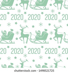 Happy New Year 2020, Merry Christmas seamless pattern. Vector illustration Santa Claus with bag of gifts rides in sleigh pulled by a deer. Design for fabric, print, wrapping paper.