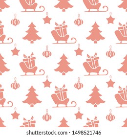 Happy new year 2020, Merry Christmas vector seamless pattern with Christmas tree, Santa's sleigh, gifts, Christmas tree toys. Design for wrapping, fabric, print.