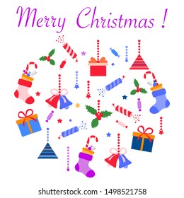 Happy new year 2020, Merry Christmas. Vector illustration with mistletoe, bells, gifts, poppers, candy canes, Christmas sock. Design for poster, card, wrapping, fabric, print.