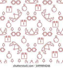 Happy new year 2020, Merry Christmas vector seamless pattern with deer horns, Christmas ball, calendar, glasses with Christmas trees. Masquerade Party Background. Design for wrapping, fabric, print.