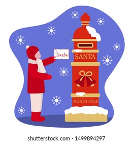 Happy New Year 2020, Merry Christmas vector illustration. Santa’s mailbox, child carries a letter to Santa Claus. Mail wish list. Design for web page, presentation, print, postcard.