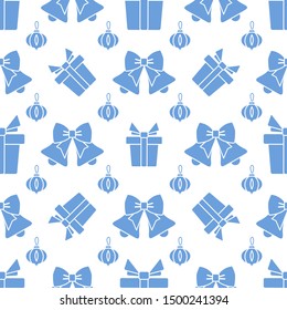Happy new year 2020, Merry Christmas vector seamless pattern with Christmas tree toy, bells, gifts. Design for wrapping, fabric, print.