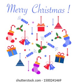 Happy new year 2020, Merry Christmas. Vector illustration with mistletoe, bells, gifts, poppers, candy canes, Christmas sock. Design for poster, card, wrapping, fabric, print.