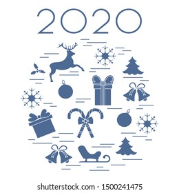 Happy New Year 2020, Merry Christmas vector illustration. Sleigh, deer, mistletoe, gift, snowflakes, striped sticks, Christmas tree, balls, bells. Design for fabric, print, postcard.