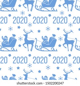 Happy New Year 2020, Merry Christmas seamless pattern. Vector illustration Santa Claus with bag of gifts rides in sleigh pulled by a deer. Design for fabric, print, wrapping paper.